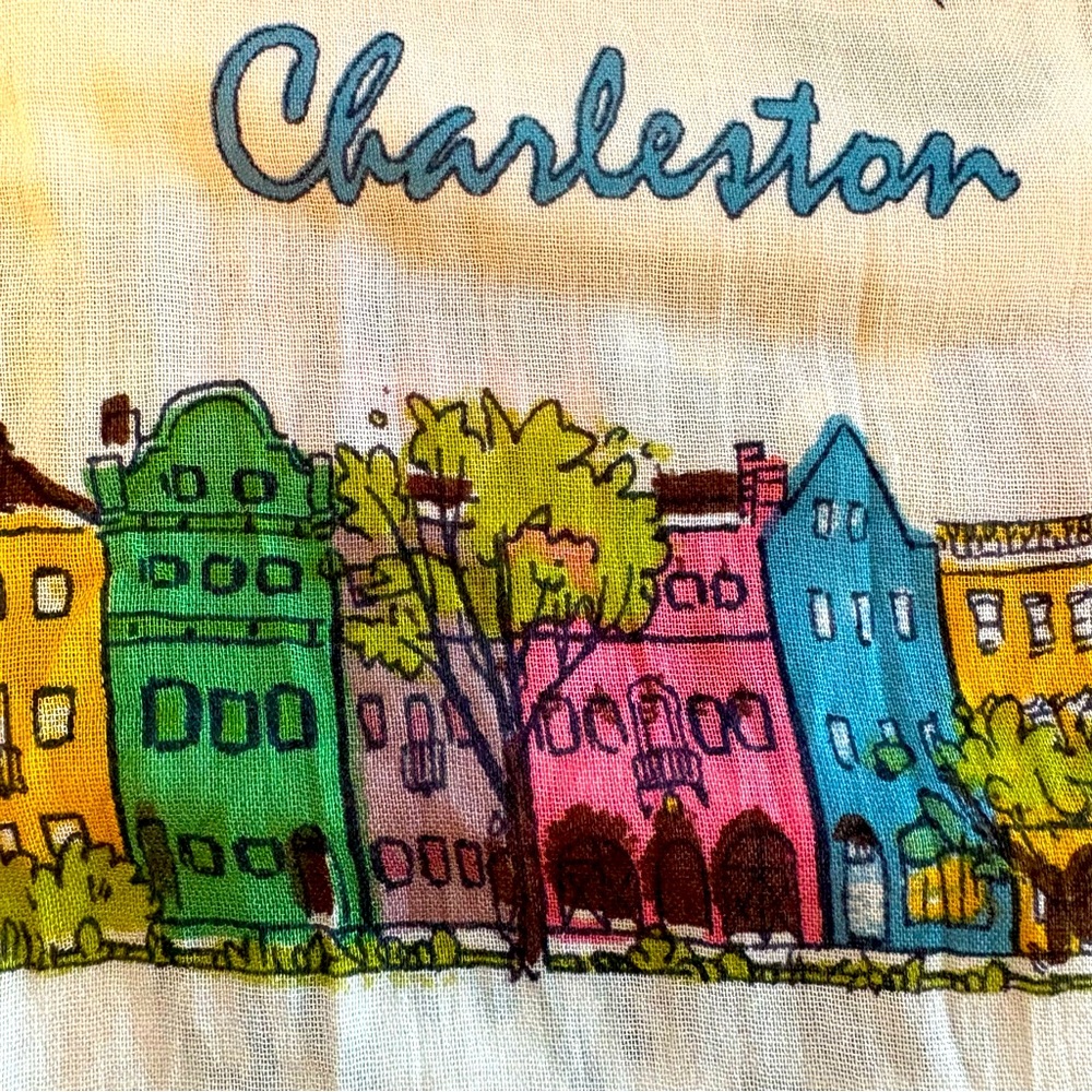 CHARLESTON Rainbow Row Colorful Print White Long Scarf Shawl! Self Fringe. New